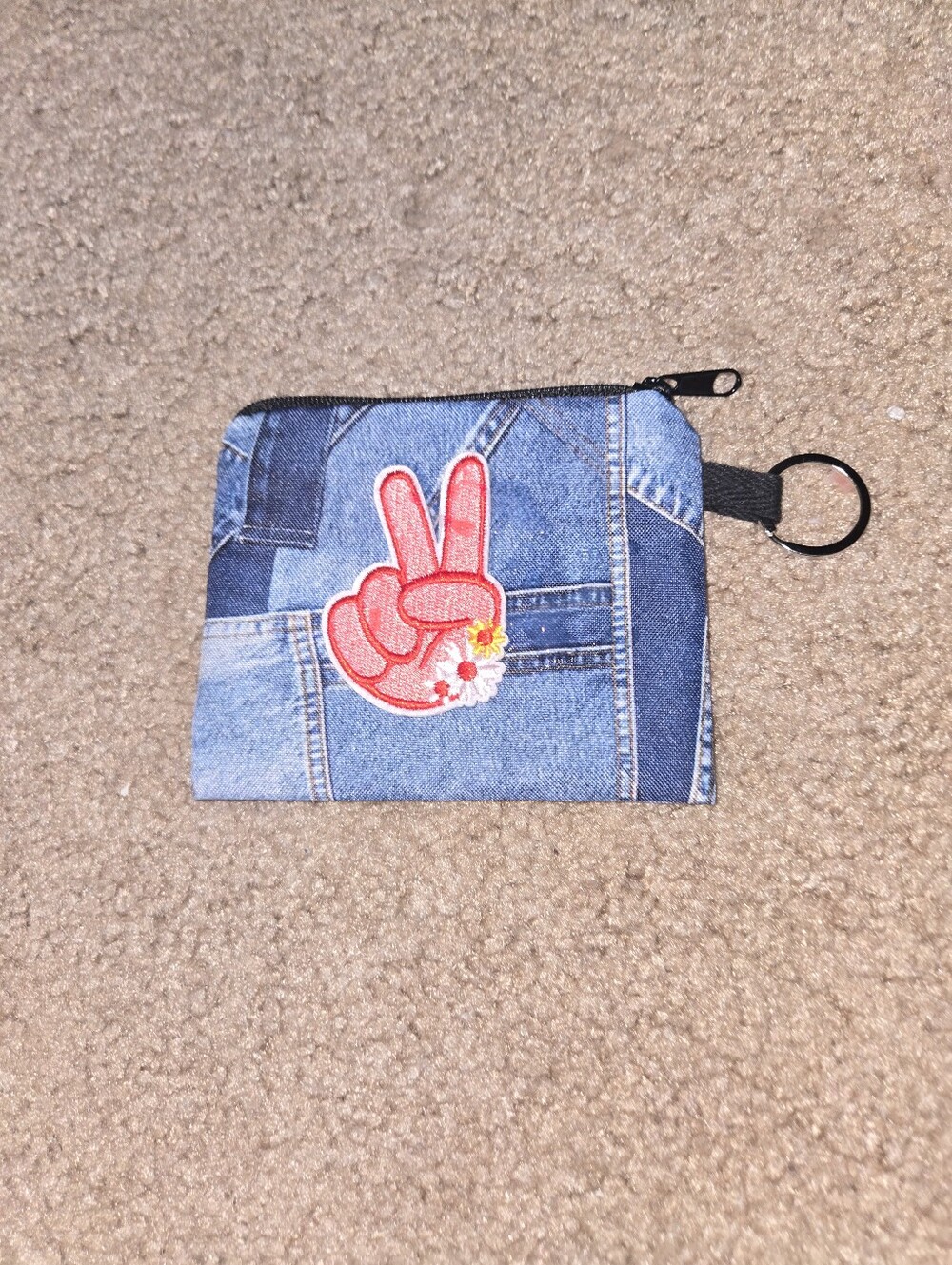 Boho Upcycled Wallet — Denim Look Coin Pouch with Peace Patch. Wallet1